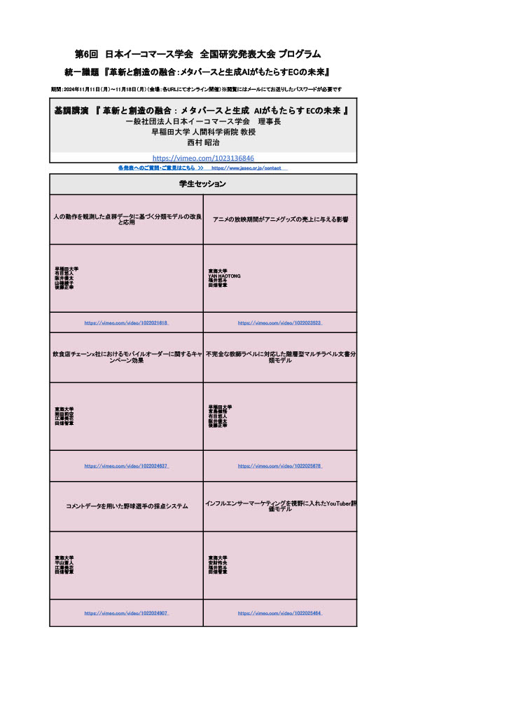 全国研究発表大会のプログラムと基調講演、学生セッションの発表内容一覧表