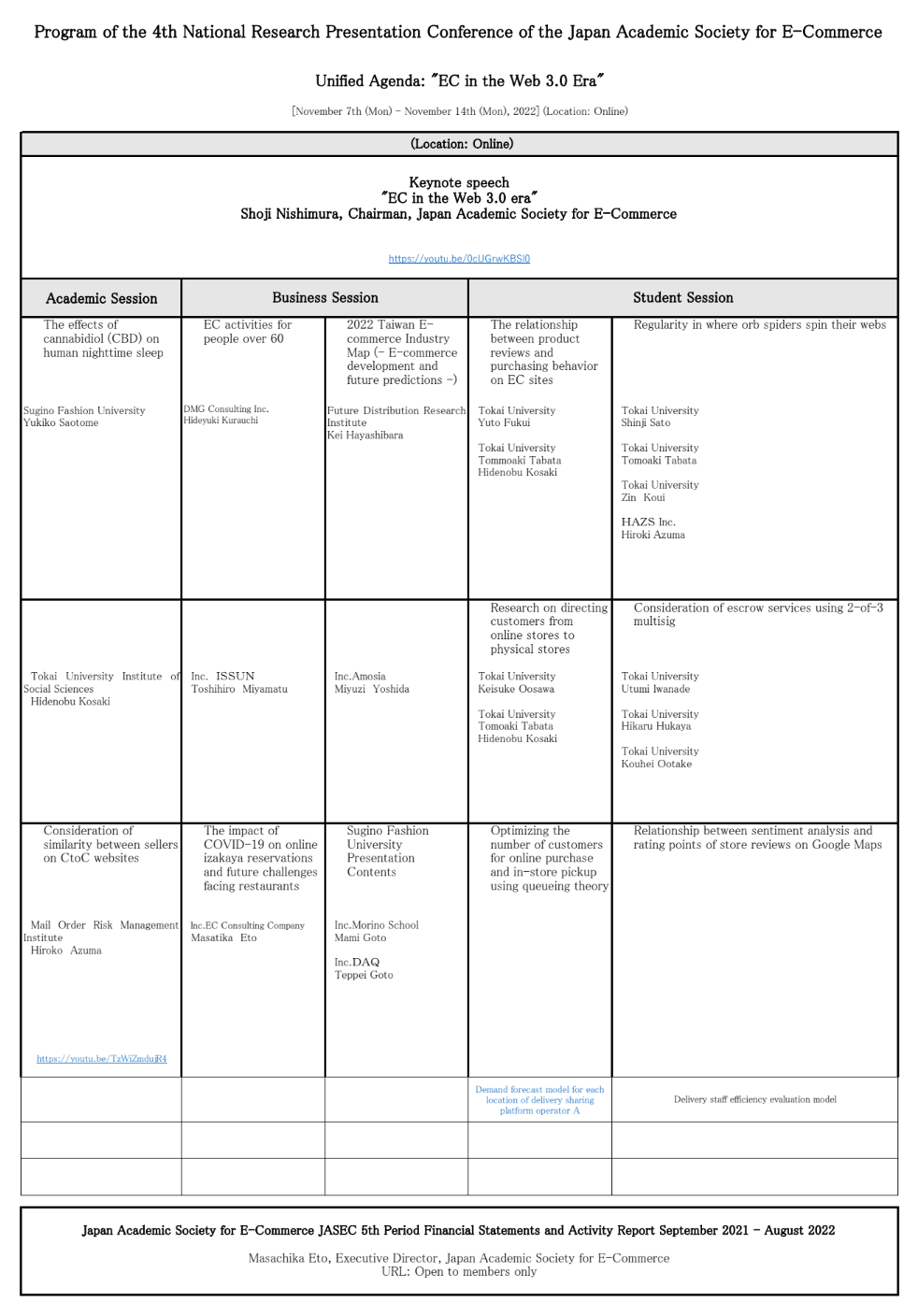 学会の研究発表会のプログラムと発表者名が記載された表